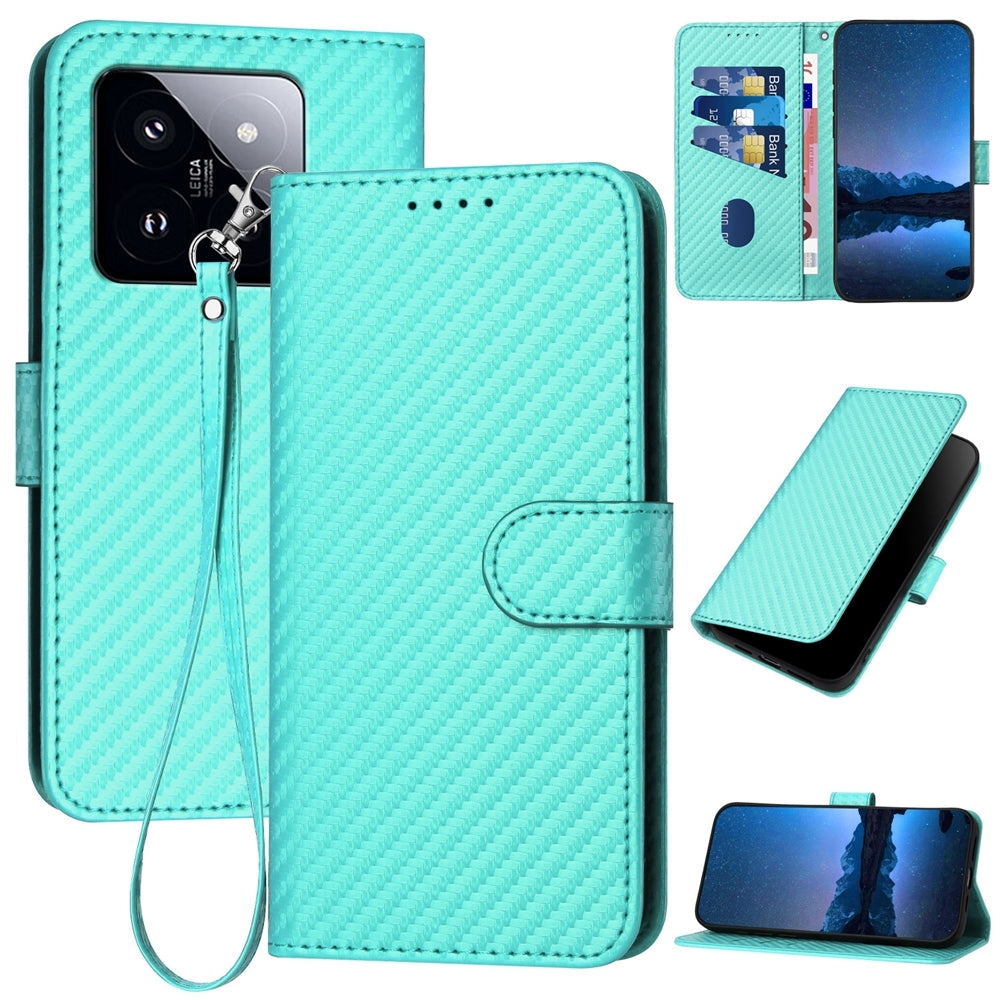 Xiaomi 14 Pro Carbon Fiber Buckle Leather Phone Case with Lanyard, PU Leather TPU Wallet Cover with Card Slot, Cash Compartment, Stand Function & Scratch Protection
