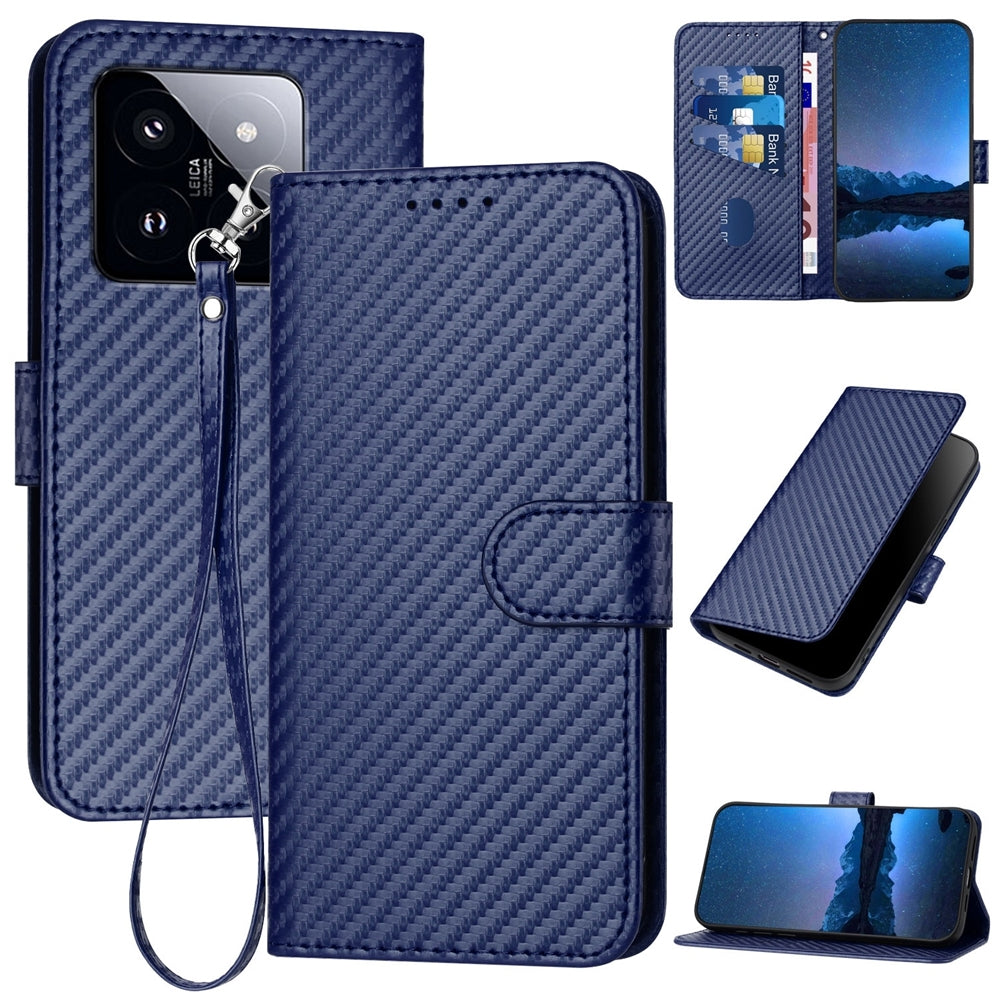 Xiaomi 14 Pro Carbon Fiber Buckle Leather Phone Case with Lanyard, PU Leather TPU Wallet Cover with Card Slot, Cash Compartment, Stand Function & Scratch Protection