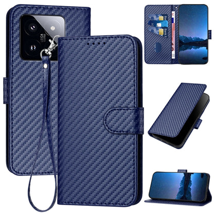 Xiaomi 14 Pro Carbon Fiber Buckle Leather Phone Case with Lanyard, PU Leather TPU Wallet Cover with Card Slot, Cash Compartment, Stand Function & Scratch Protection
