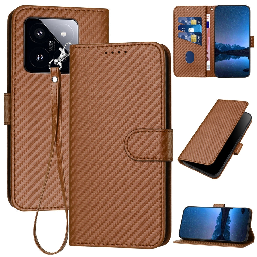 Xiaomi 14 Pro Carbon Fiber Buckle Leather Phone Case with Lanyard, PU Leather TPU Wallet Cover with Card Slot, Cash Compartment, Stand Function & Scratch Protection