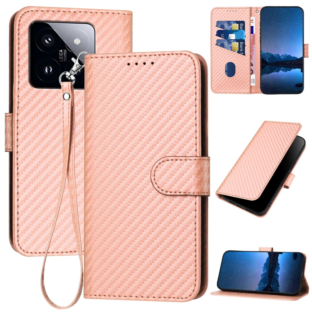 Xiaomi 14 Pro Carbon Fiber Buckle Leather Phone Case with Lanyard, PU Leather TPU Wallet Cover with Card Slot, Cash Compartment, Stand Function & Scratch Protection