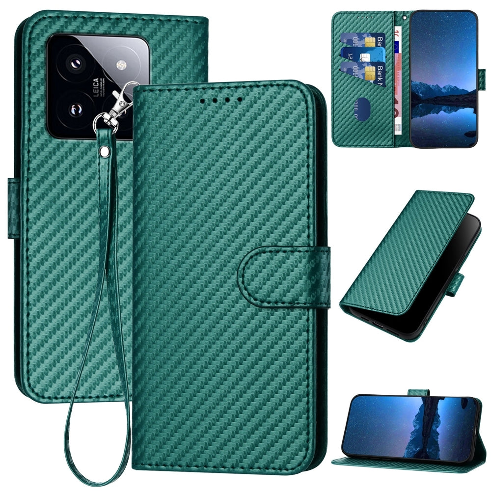 Xiaomi 14 Pro Carbon Fiber Buckle Leather Phone Case with Lanyard, PU Leather TPU Wallet Cover with Card Slot, Cash Compartment, Stand Function & Scratch Protection