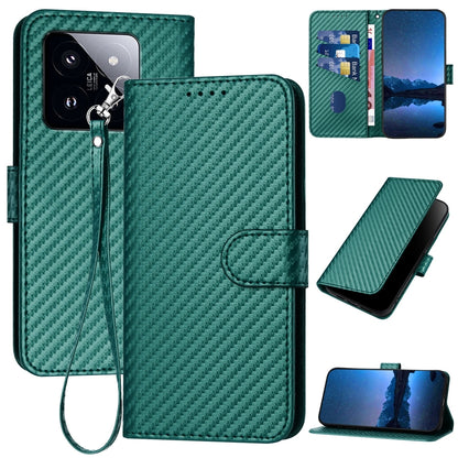 Xiaomi 14 Pro Carbon Fiber Buckle Leather Phone Case with Lanyard, PU Leather TPU Wallet Cover with Card Slot, Cash Compartment, Stand Function & Scratch Protection