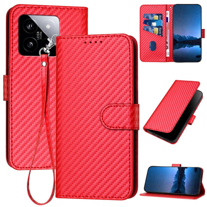 Xiaomi 14 Carbon Fiber Buckle Leather Phone Case with Lanyard, PU Leather TPU Wallet Cover with Card Slot, Cash Compartment, Stand Function & Scratch Protection