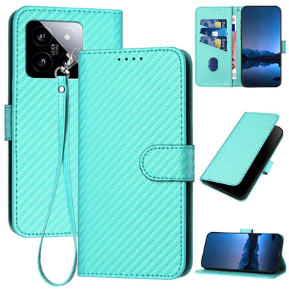 Xiaomi 14 Carbon Fiber Buckle Leather Phone Case with Lanyard, PU Leather TPU Wallet Cover with Card Slot, Cash Compartment, Stand Function & Scratch Protection