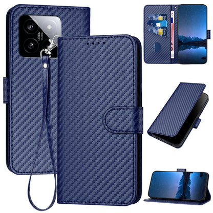 Xiaomi 14 Carbon Fiber Buckle Leather Phone Case with Lanyard, PU Leather TPU Wallet Cover with Card Slot, Cash Compartment, Stand Function & Scratch Protection