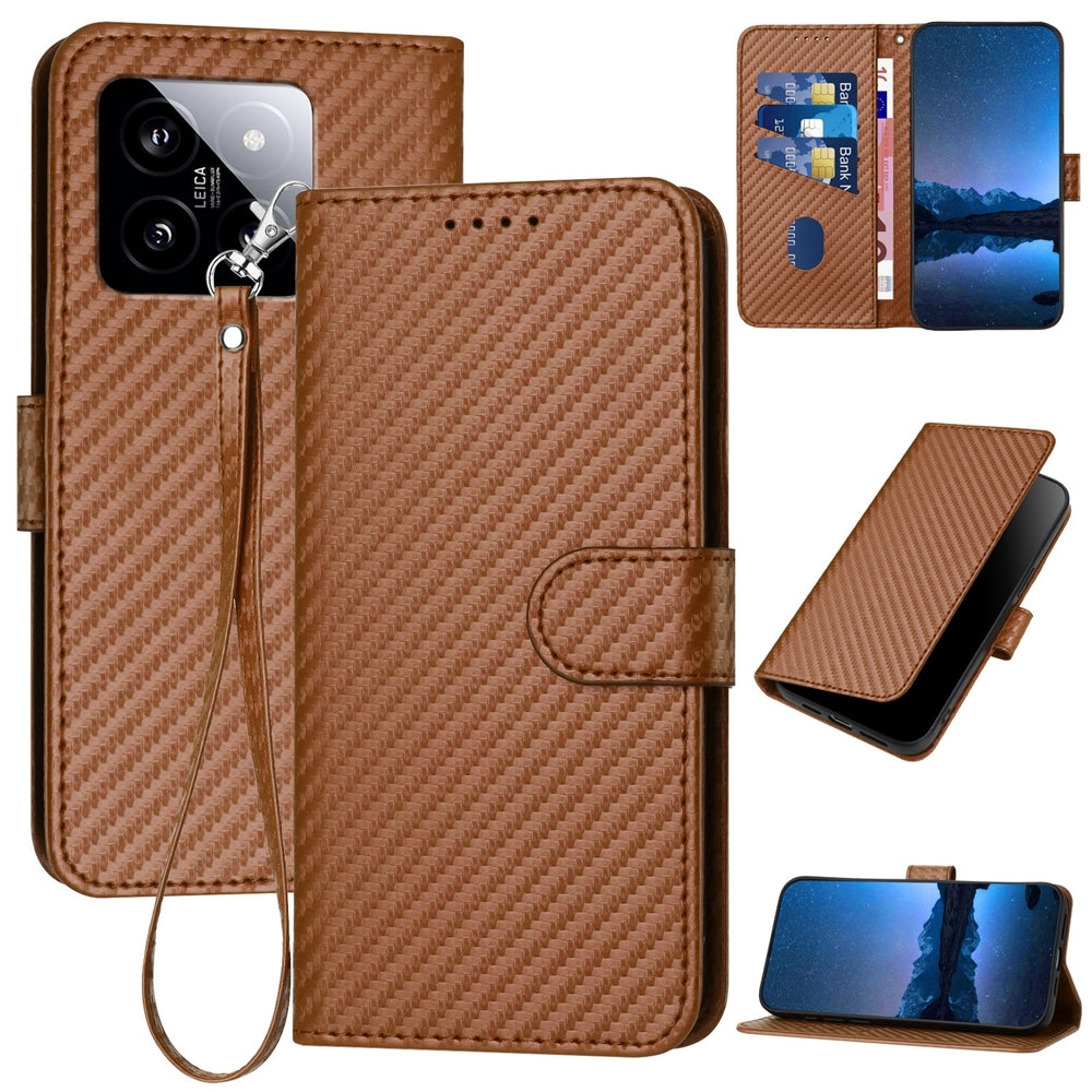 Xiaomi 14 Carbon Fiber Buckle Leather Phone Case with Lanyard, PU Leather TPU Wallet Cover with Card Slot, Cash Compartment, Stand Function & Scratch Protection