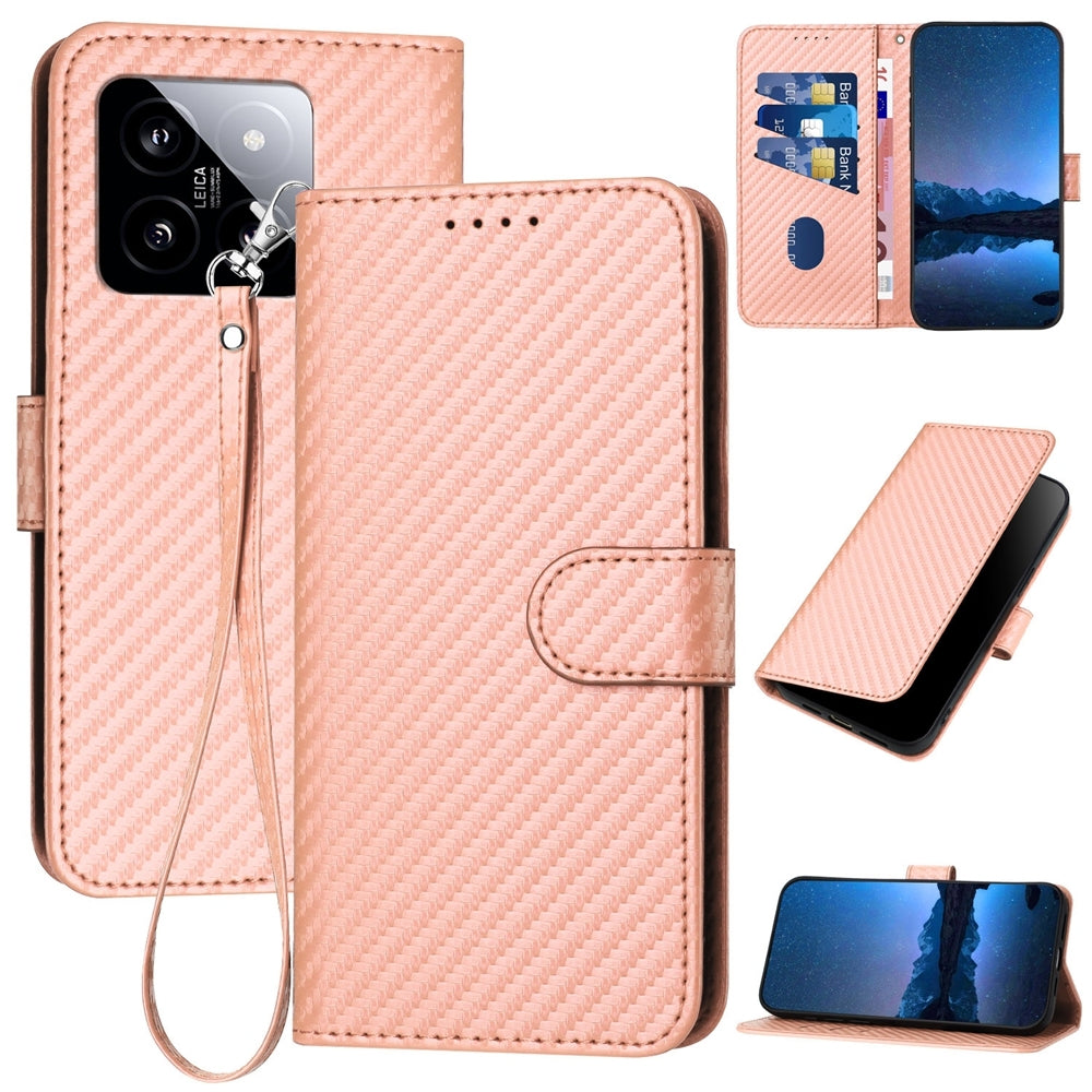 Xiaomi 14 Carbon Fiber Buckle Leather Phone Case with Lanyard, PU Leather TPU Wallet Cover with Card Slot, Cash Compartment, Stand Function & Scratch Protection