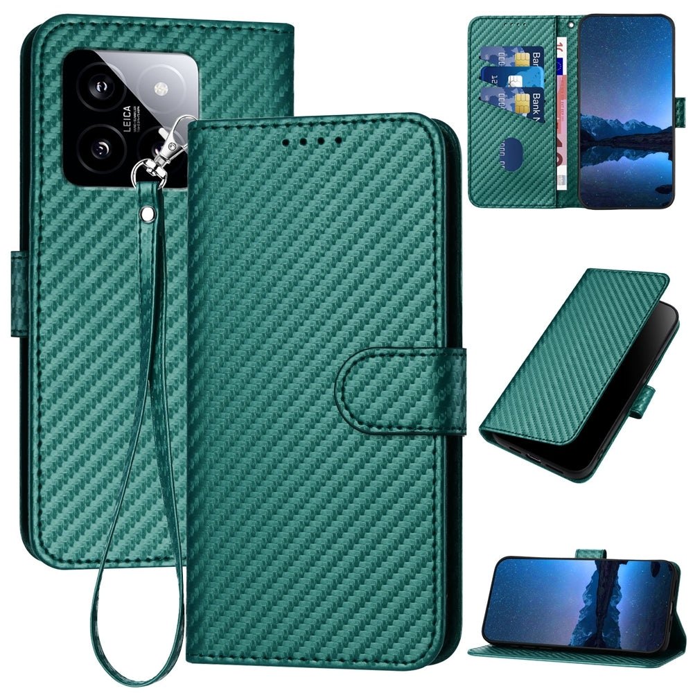 Xiaomi 14 Carbon Fiber Buckle Leather Phone Case with Lanyard, PU Leather TPU Wallet Cover with Card Slot, Cash Compartment, Stand Function & Scratch Protection