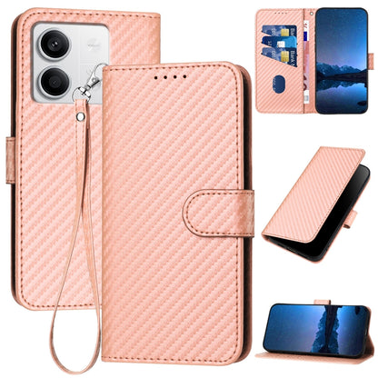 Xiaomi Redmi Note 13 5G Carbon Fiber Buckle Leather Phone Case with Lanyard, PU Leather TPU Wallet Cover with Card Slot, Cash Compartment, Stand Function & Scratch Protection