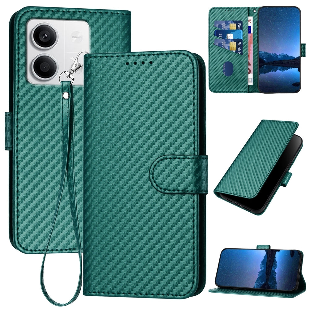 Xiaomi Redmi Note 13 5G Carbon Fiber Buckle Leather Phone Case with Lanyard, PU Leather TPU Wallet Cover with Card Slot, Cash Compartment, Stand Function & Scratch Protection