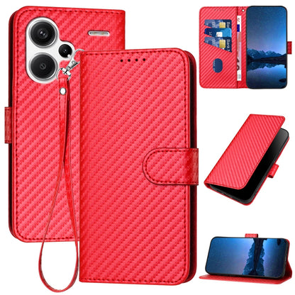 Xiaomi Redmi Note 13 Pro+ Carbon Fiber Buckle Leather Phone Case with Lanyard, PU Leather TPU Wallet Cover with Card Slot, Cash Compartment, Stand Function & Scratch Protection