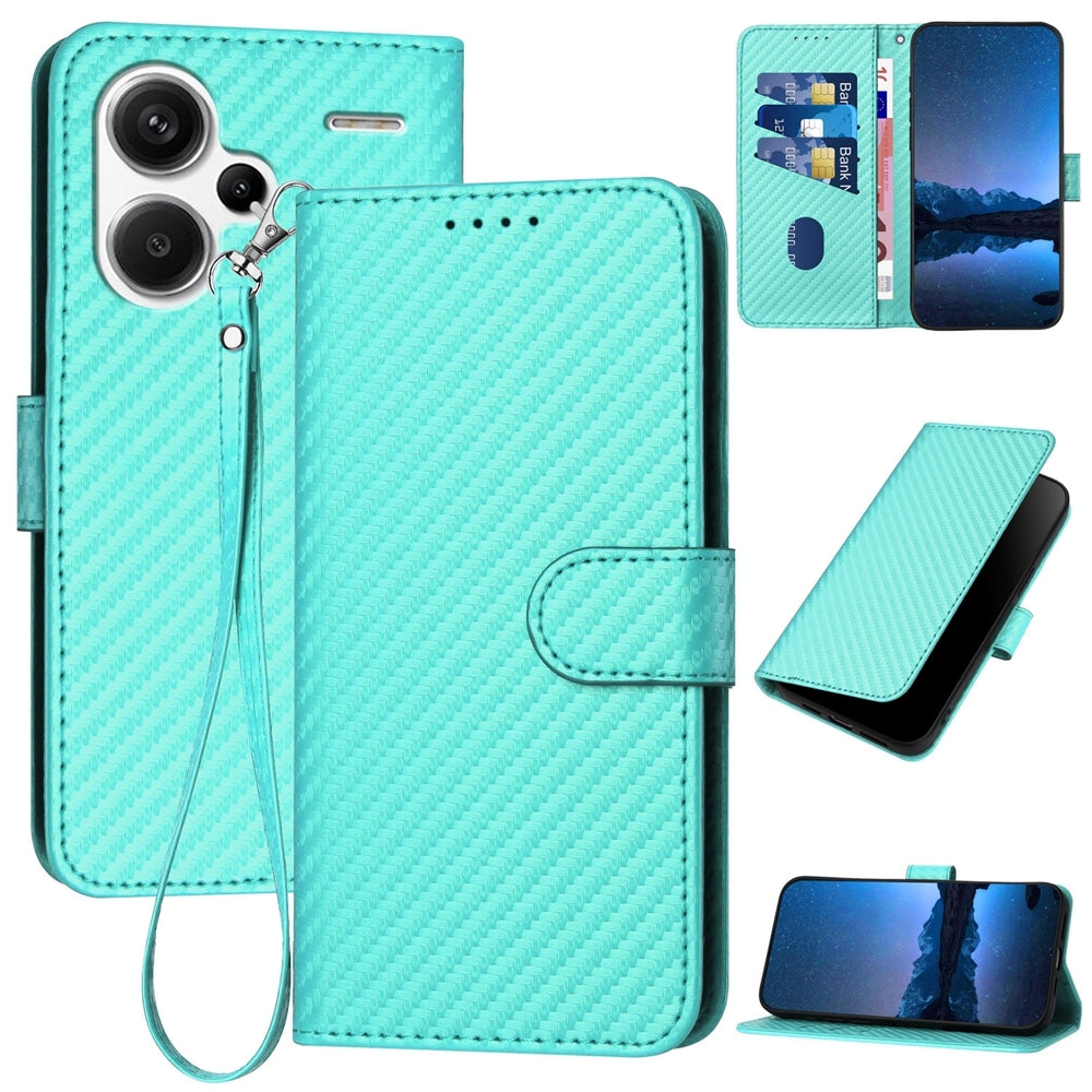 Xiaomi Redmi Note 13 Pro+ Carbon Fiber Buckle Leather Phone Case with Lanyard, PU Leather TPU Wallet Cover with Card Slot, Cash Compartment, Stand Function & Scratch Protection