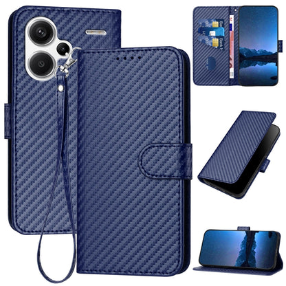 Xiaomi Redmi Note 13 Pro+ Carbon Fiber Buckle Leather Phone Case with Lanyard, PU Leather TPU Wallet Cover with Card Slot, Cash Compartment, Stand Function & Scratch Protection