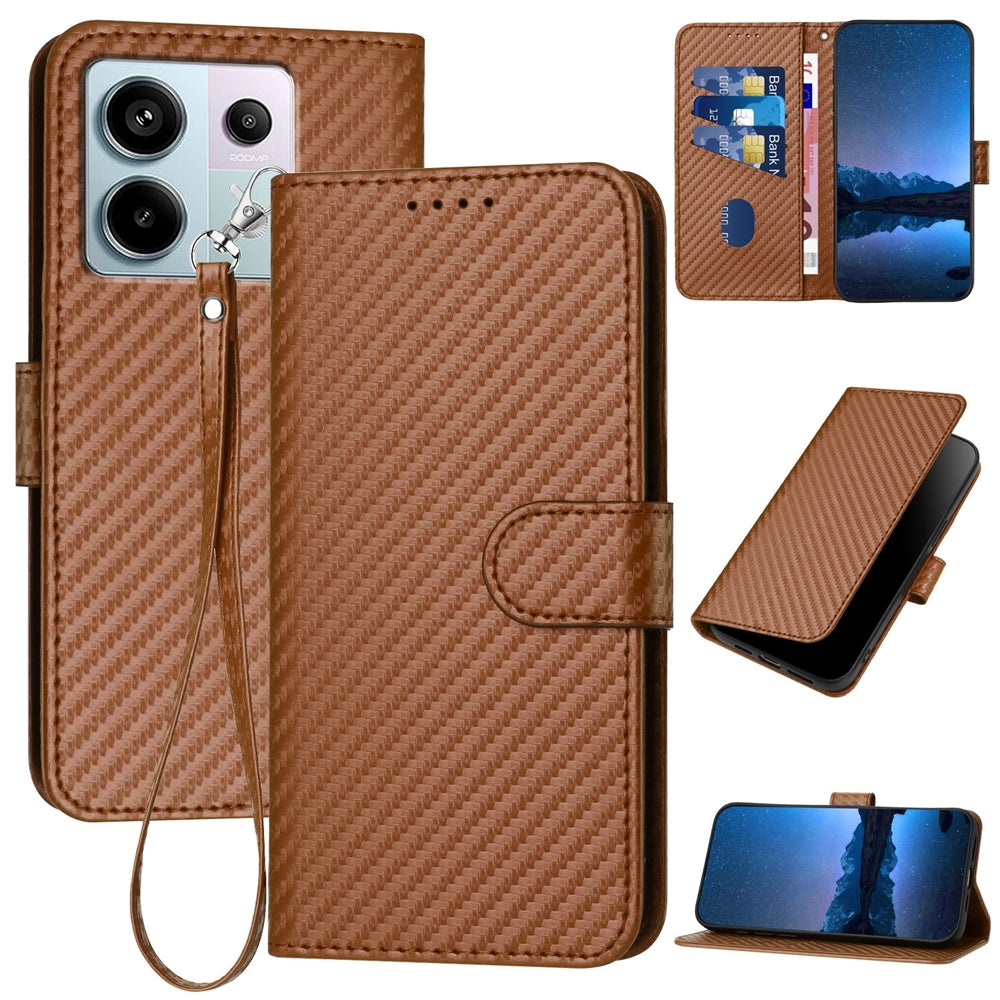 Xiaomi Redmi Note 13 Pro 5G Carbon Fiber Buckle Leather Phone Case with Lanyard, PU Leather TPU Wallet Cover with Card Slot, Cash Compartment, Stand Function & Scratch Protection