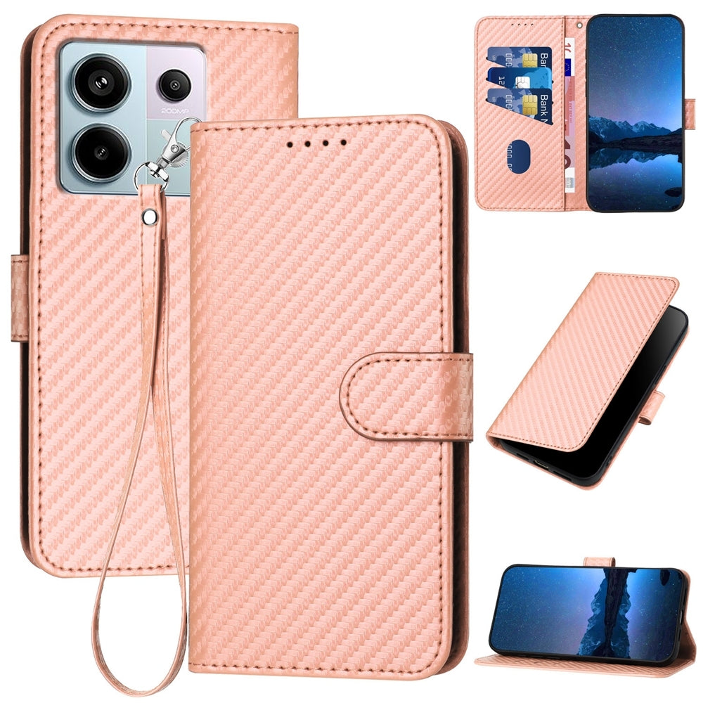 Xiaomi Redmi Note 13 Pro 5G Carbon Fiber Buckle Leather Phone Case with Lanyard, PU Leather TPU Wallet Cover with Card Slot, Cash Compartment, Stand Function & Scratch Protection