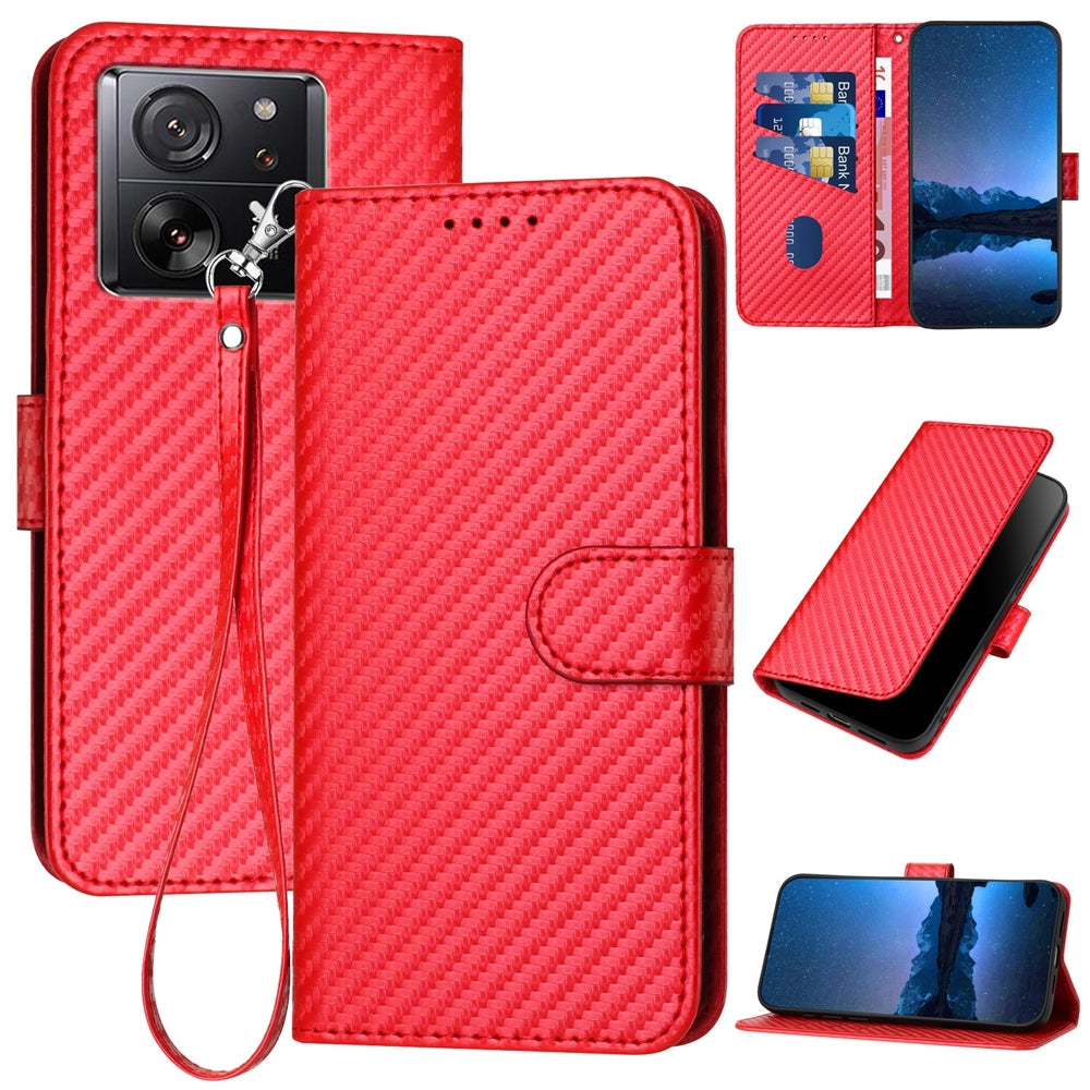 Xiaomi Redmi K60 Ultra Carbon Fiber Buckle Leather Phone Case with Lanyard, PU Leather TPU Wallet Cover with Card Slot, Cash Compartment, Stand Function & Scratch Protection