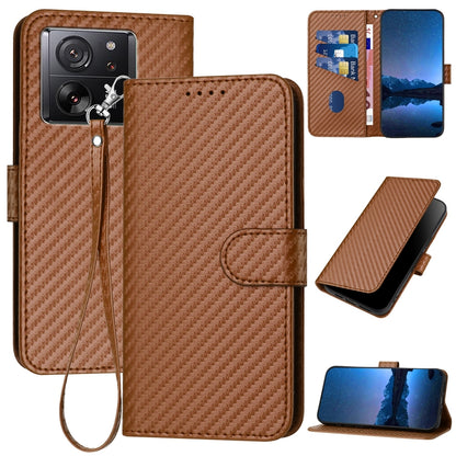 Xiaomi 13T Carbon Fiber Buckle Leather Phone Case with Lanyard, PU Leather TPU Wallet Cover with Card Slot, Cash Compartment, Stand Function & Scratch Protection