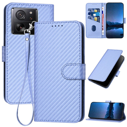 Xiaomi 13T Pro Carbon Fiber Buckle Leather Phone Case with Lanyard, PU Leather TPU Wallet Cover with Card Slot, Cash Compartment, Stand Function & Scratch Protection