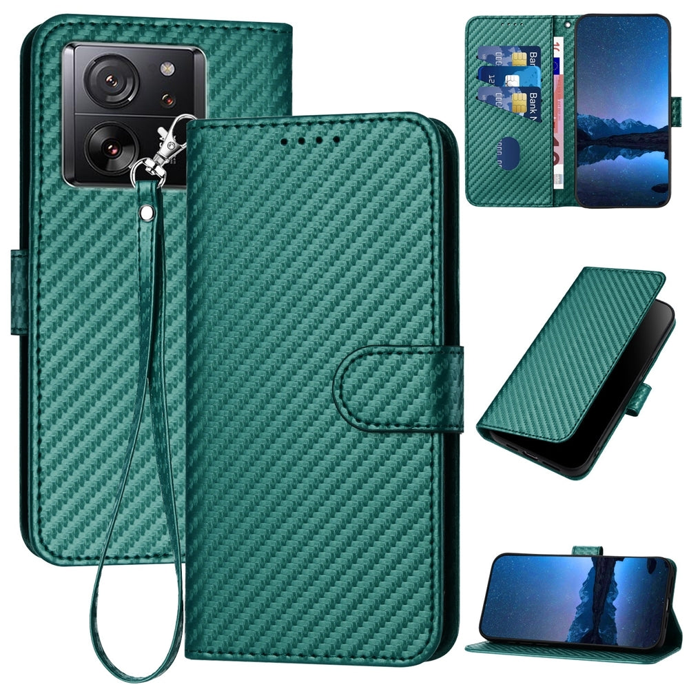Xiaomi 13T Pro Carbon Fiber Buckle Leather Phone Case with Lanyard, PU Leather TPU Wallet Cover with Card Slot, Cash Compartment, Stand Function & Scratch Protection