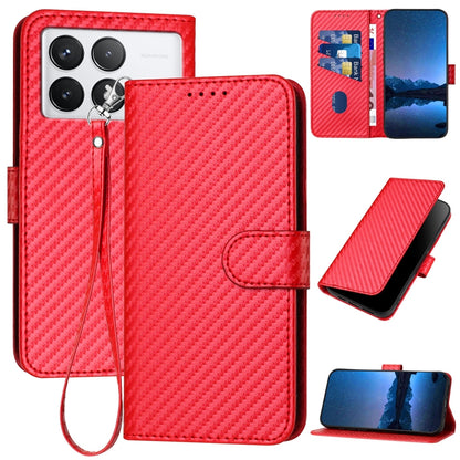 Xiaomi Redmi K70 Pro Carbon Fiber Buckle Leather Phone Case with Lanyard, PU Leather TPU Wallet Cover with Card Slot, Cash Compartment, Stand Function & Scratch Protection