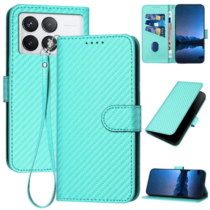 Xiaomi Redmi K70 Carbon Fiber Buckle Leather Phone Case with Lanyard, PU Leather TPU Wallet Cover with Card Slot, Cash Compartment, Stand Function & Scratch Protection