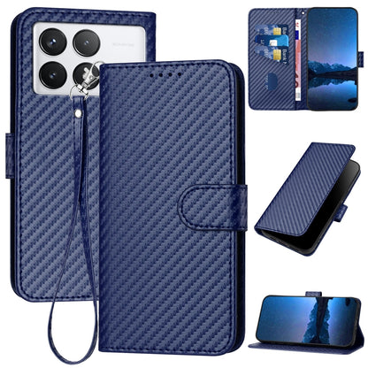 Xiaomi Redmi K70 Carbon Fiber Buckle Leather Phone Case with Lanyard, PU Leather TPU Wallet Cover with Card Slot, Cash Compartment, Stand Function & Scratch Protection