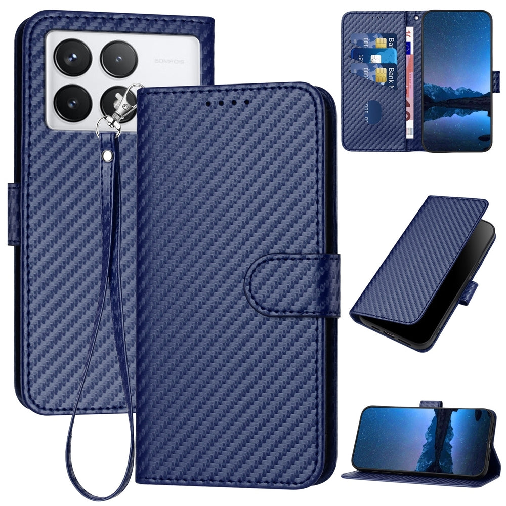 Xiaomi Redmi K70 Pro Carbon Fiber Buckle Leather Phone Case with Lanyard, PU Leather TPU Wallet Cover with Card Slot, Cash Compartment, Stand Function & Scratch Protection