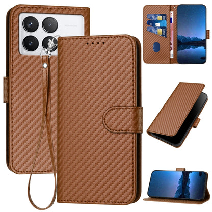 Xiaomi Redmi K70 Carbon Fiber Buckle Leather Phone Case with Lanyard, PU Leather TPU Wallet Cover with Card Slot, Cash Compartment, Stand Function & Scratch Protection