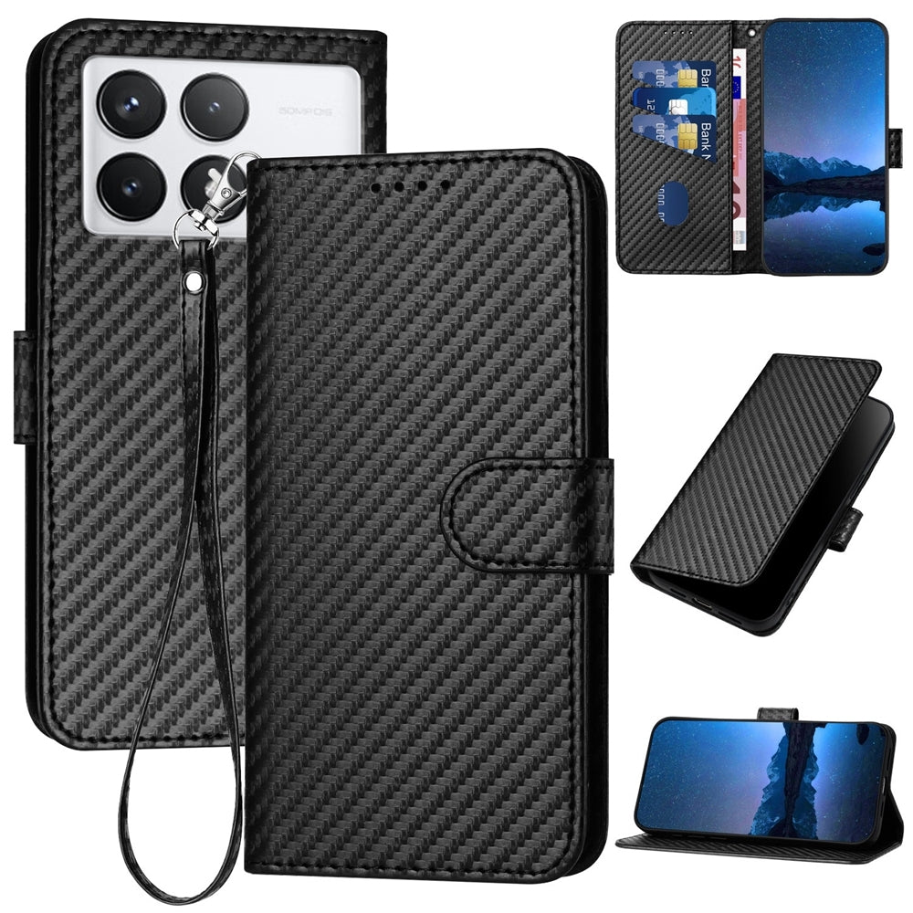 Xiaomi Redmi K70 Carbon Fiber Buckle Leather Phone Case with Lanyard, PU Leather TPU Wallet Cover with Card Slot, Cash Compartment, Stand Function & Scratch Protection