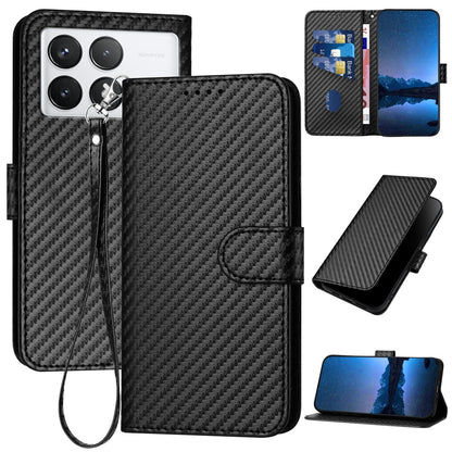 Xiaomi Redmi K70 Carbon Fiber Buckle Leather Phone Case with Lanyard, PU Leather TPU Wallet Cover with Card Slot, Cash Compartment, Stand Function & Scratch Protection