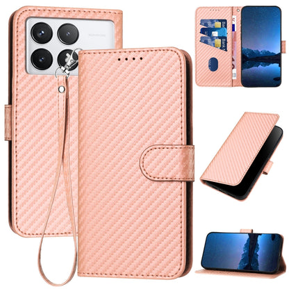 Xiaomi Redmi K70 Pro Carbon Fiber Buckle Leather Phone Case with Lanyard, PU Leather TPU Wallet Cover with Card Slot, Cash Compartment, Stand Function & Scratch Protection