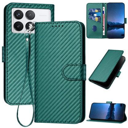 Xiaomi Redmi K70 Carbon Fiber Buckle Leather Phone Case with Lanyard, PU Leather TPU Wallet Cover with Card Slot, Cash Compartment, Stand Function & Scratch Protection