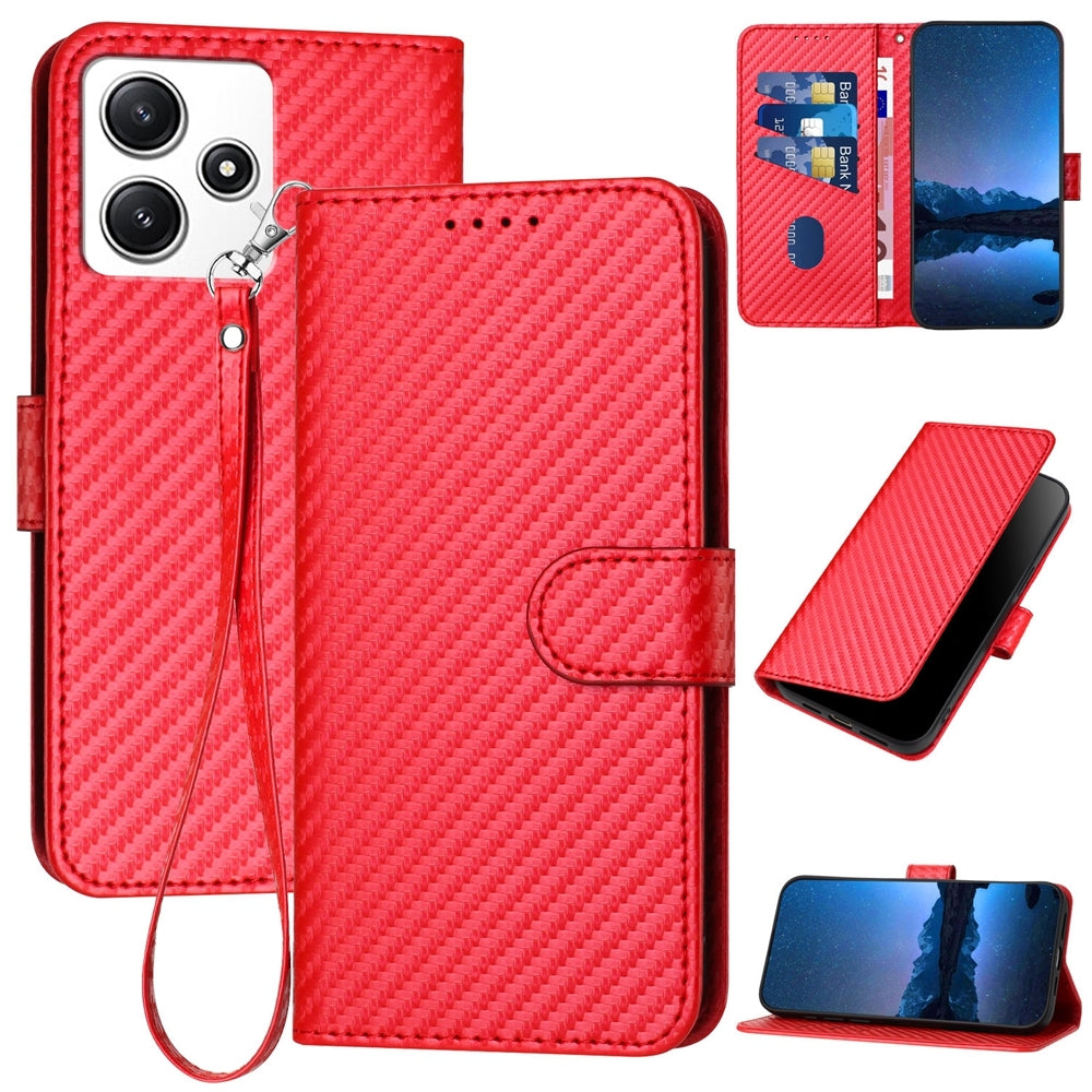 Xiaomi Redmi 12 4G Carbon Fiber Buckle Leather Phone Case with Lanyard, PU Leather TPU Wallet Cover with Card Slot, Cash Compartment, Stand Function & Scratch Protection