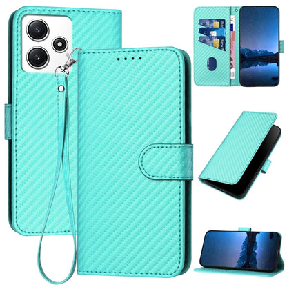 Xiaomi Redmi 12 4G Carbon Fiber Buckle Leather Phone Case with Lanyard, PU Leather TPU Wallet Cover with Card Slot, Cash Compartment, Stand Function & Scratch Protection