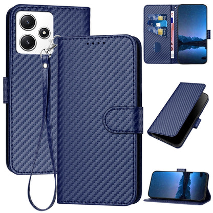 Xiaomi Redmi 12 4G Carbon Fiber Buckle Leather Phone Case with Lanyard, PU Leather TPU Wallet Cover with Card Slot, Cash Compartment, Stand Function & Scratch Protection