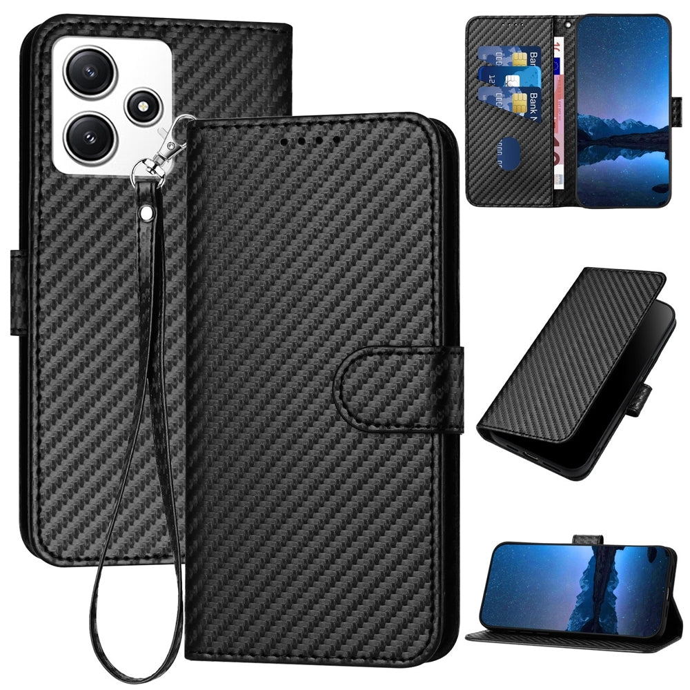 Xiaomi Redmi 12 5G Carbon Fiber Buckle Leather Phone Case with Lanyard, PU Leather TPU Wallet Cover with Card Slot, Cash Compartment, Stand Function & Scratch Protection