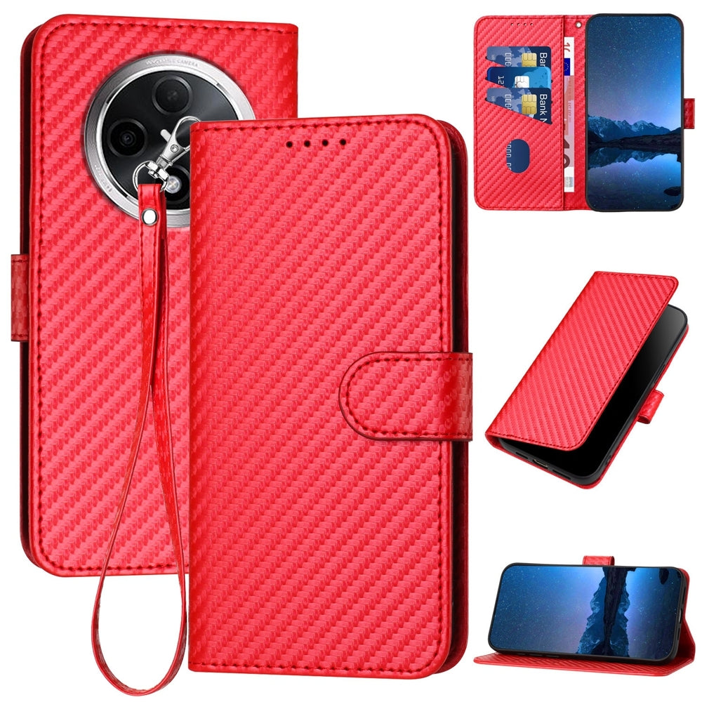 Xiaomi Redmi A3 Plus Carbon Fiber Buckle Leather Phone Case with Lanyard, PU Leather TPU Wallet Cover with Card Slot, Cash Compartment, Stand Function & Scratch Protection