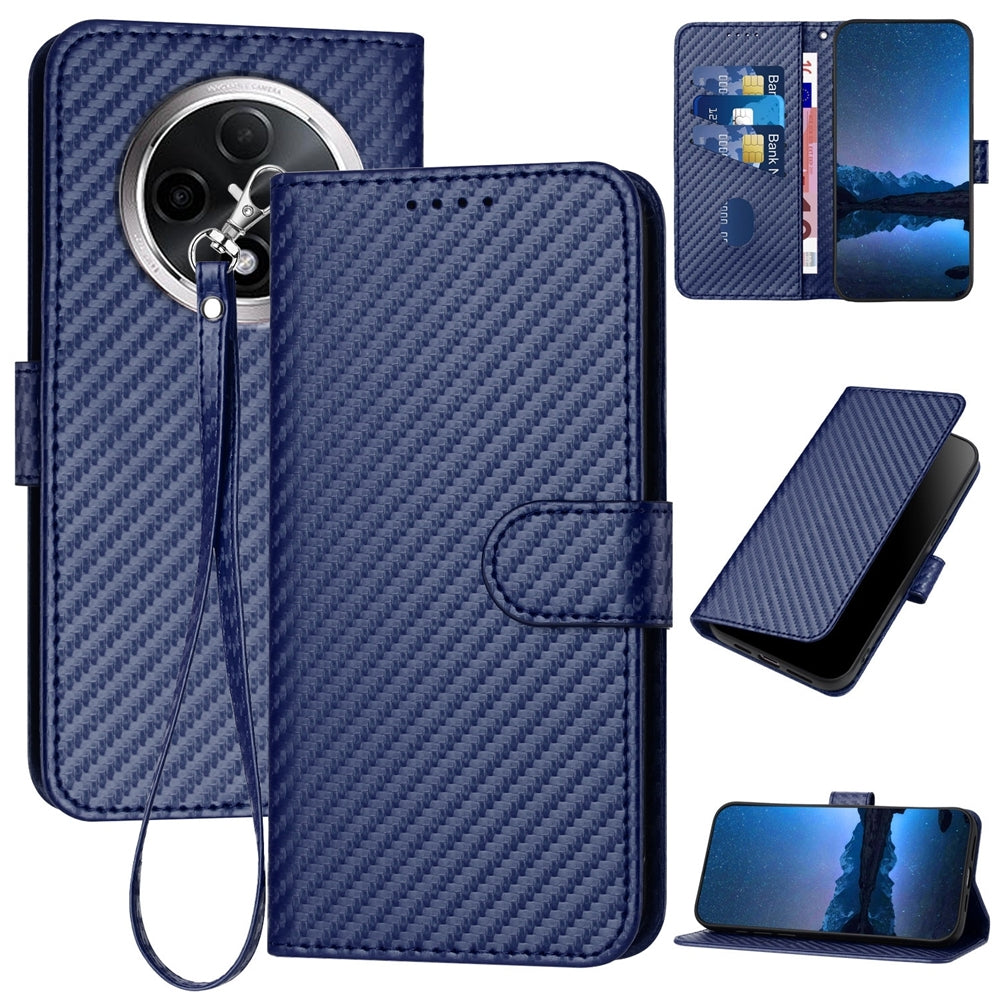 Xiaomi Redmi A3 Plus Carbon Fiber Buckle Leather Phone Case with Lanyard, PU Leather TPU Wallet Cover with Card Slot, Cash Compartment, Stand Function & Scratch Protection