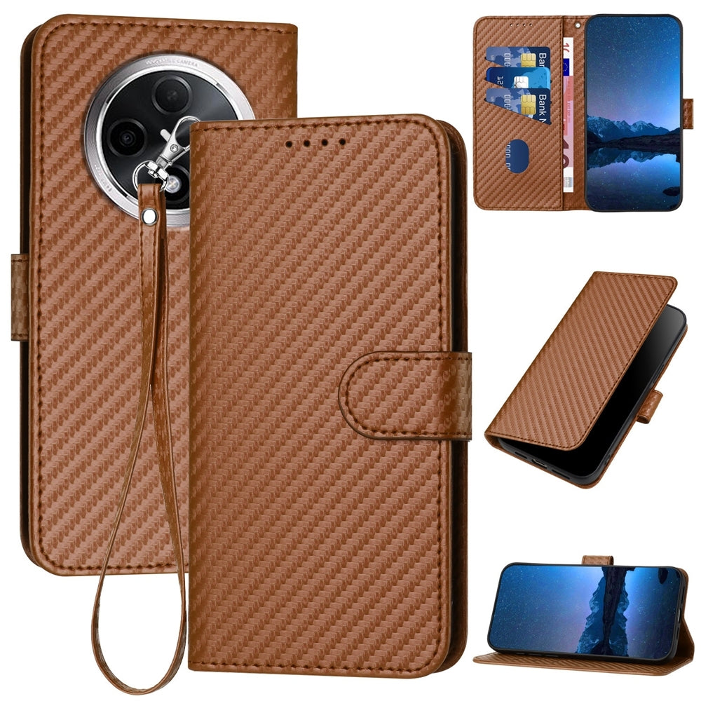 Xiaomi Redmi A3 Plus Carbon Fiber Buckle Leather Phone Case with Lanyard, PU Leather TPU Wallet Cover with Card Slot, Cash Compartment, Stand Function & Scratch Protection