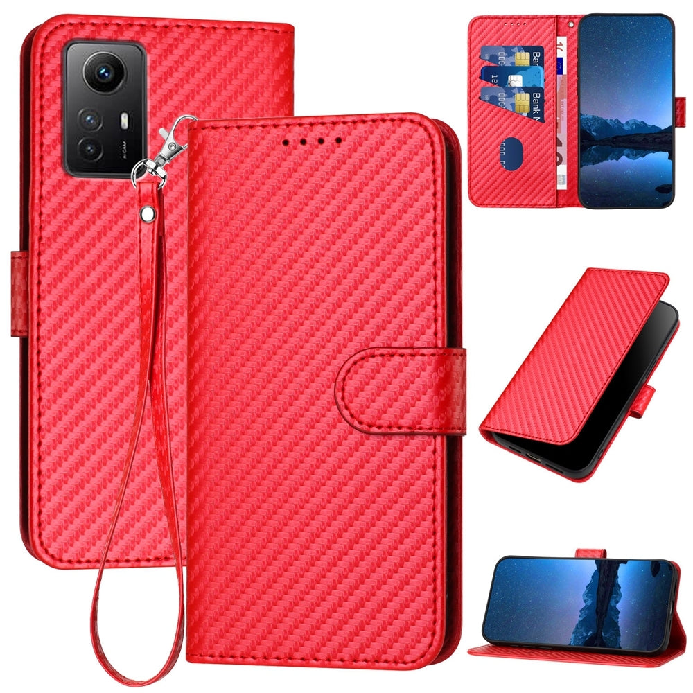 Xiaomi Redmi Note 12S 4G Carbon Fiber Buckle Leather Phone Case with Lanyard, PU Leather TPU Wallet Cover with Card Slot, Cash Compartment, Stand Function & Scratch Protection