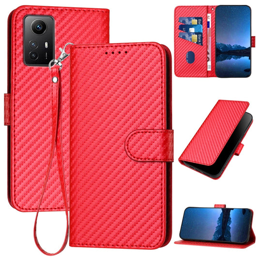 Xiaomi Redmi Note 12S 4G Carbon Fiber Buckle Leather Phone Case with Lanyard, PU Leather TPU Wallet Cover with Card Slot, Cash Compartment, Stand Function & Scratch Protection