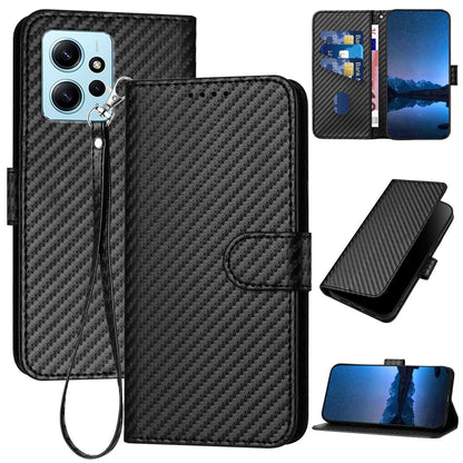 Xiaomi Redmi Note 12 4G Carbon Fiber Buckle Leather Phone Case with Lanyard, PU Leather TPU Wallet Cover with Card Slot, Cash Compartment, Stand Function & Scratch Protection