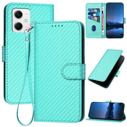 Xiaomi Redmi Note 12 5G Carbon Fiber Buckle Leather Phone Case with Lanyard, PU Leather TPU Wallet Cover with Card Slot, Cash Compartment, Stand Function & Scratch Protection