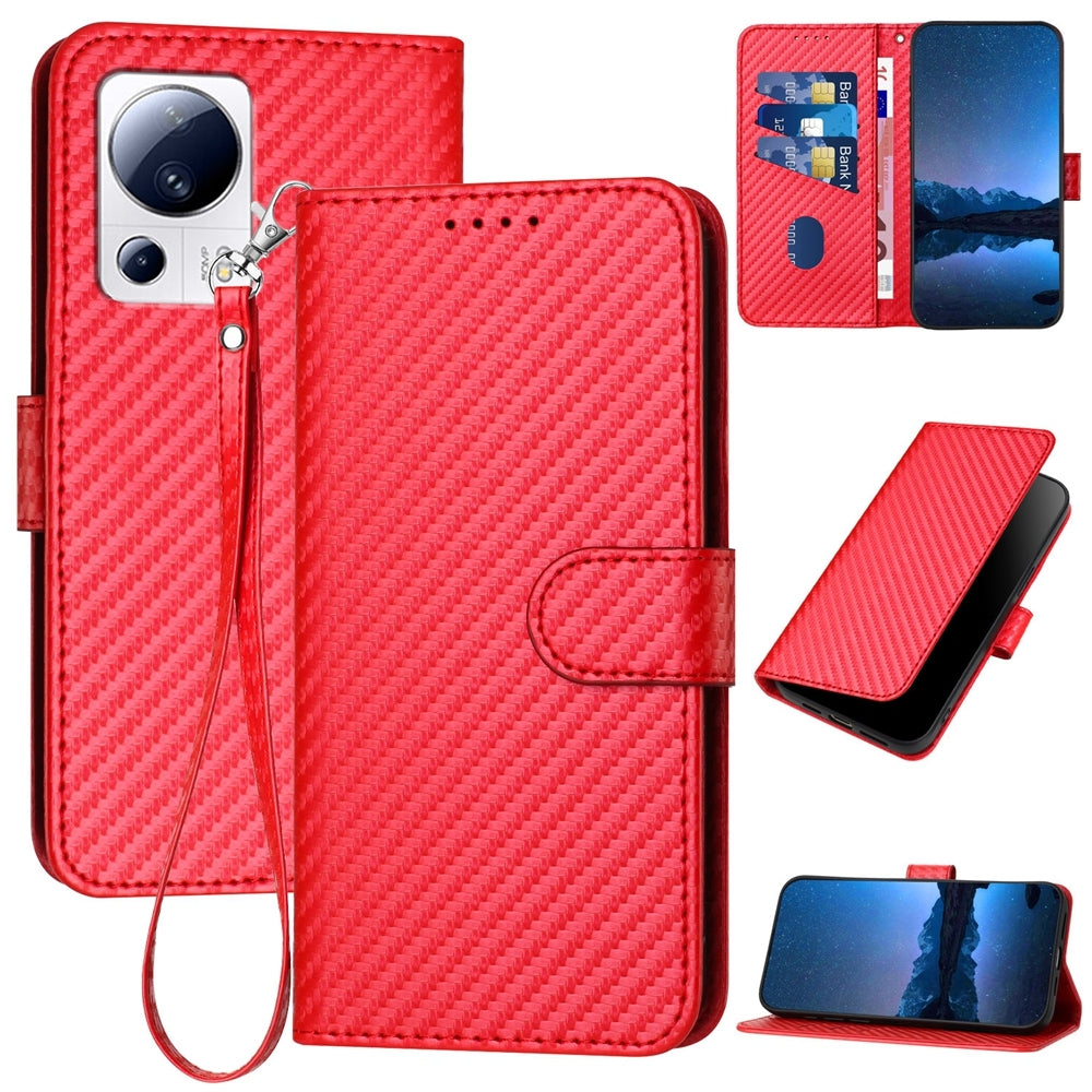Xiaomi 13 Lite Carbon Fiber Buckle Leather Phone Case with Lanyard, PU Leather TPU Wallet Cover with Card Slot, Cash Compartment, Stand Function & Scratch Protection