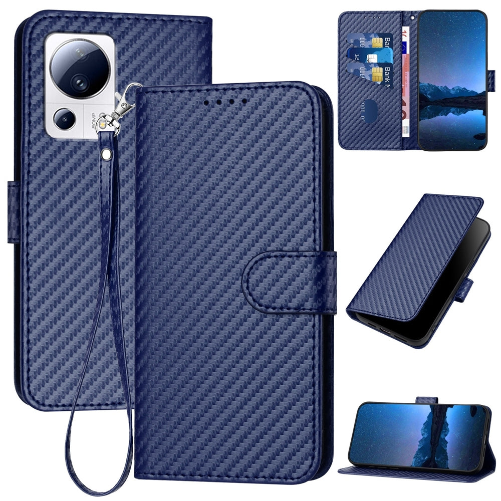 Xiaomi Civi 2 Carbon Fiber Buckle Leather Phone Case with Lanyard, PU Leather TPU Wallet Cover with Card Slot, Cash Compartment, Stand Function & Scratch Protection