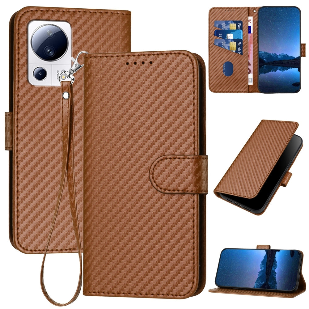 Xiaomi Civi 2 Carbon Fiber Buckle Leather Phone Case with Lanyard, PU Leather TPU Wallet Cover with Card Slot, Cash Compartment, Stand Function & Scratch Protection