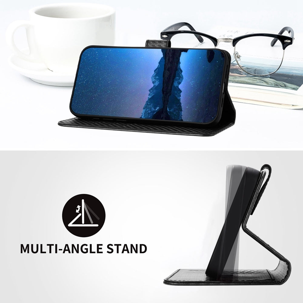 Xiaomi 13 Lite Carbon Fiber Buckle Leather Phone Case with Lanyard, PU Leather TPU Wallet Cover with Card Slot, Cash Compartment, Stand Function & Scratch Protection