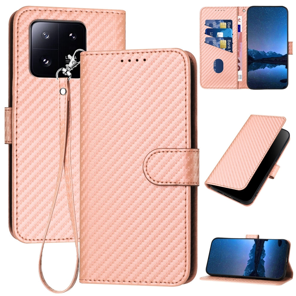 Xiaomi 13 Pro Carbon Fiber Buckle Leather Phone Case with Lanyard, PU Leather TPU Wallet Cover with Card Slot, Cash Compartment, Stand Function & Scratch Protection