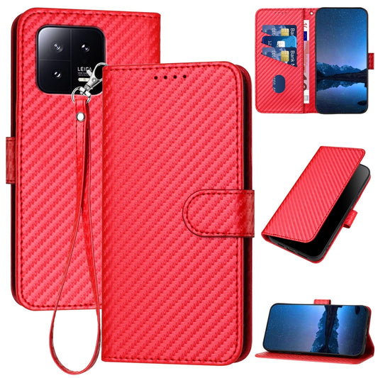Xiaomi 13 Carbon Fiber Buckle Leather Phone Case with Lanyard, PU Leather TPU Wallet Cover with Card Slot, Cash Compartment, Stand Function & Scratch Protection